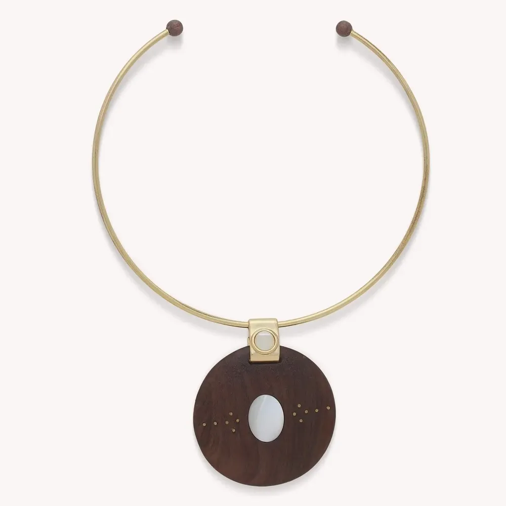 Bijoux - Collier torque pendentif rond bois & nacre - Oman - NATURE BIJOUX