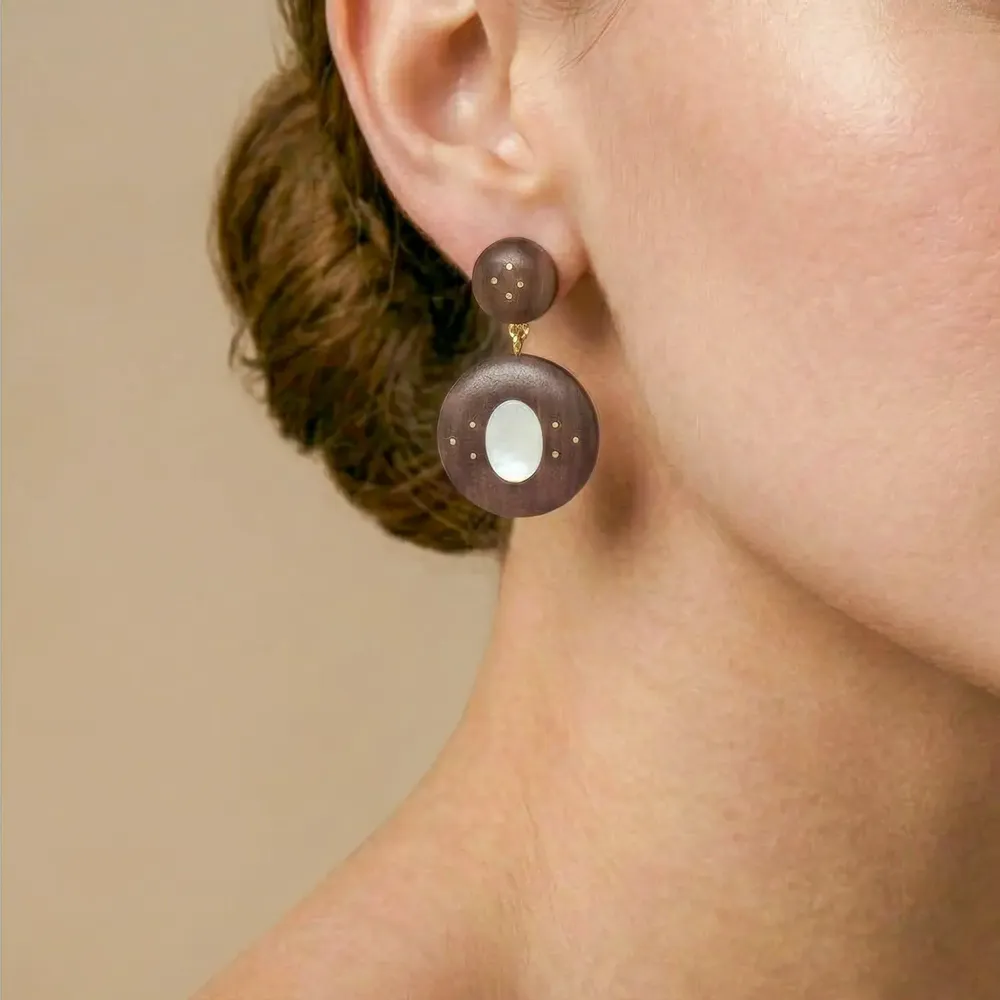 Bijoux - Boucles d'oreilles poussoir 2 éléments bois - Oman - NATURE BIJOUX