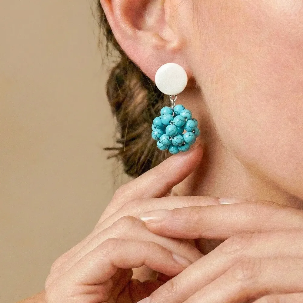 Bijoux - Boucles d'oreilles poussoir pendant boule tissée - Manitoba - NATURE BIJOUX