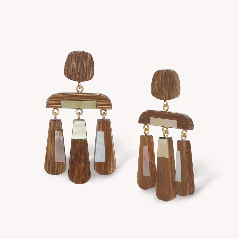 Bijoux - Boucles d'oreilles poussoir 3 pampilles bambou et nacre - Kamakura - NATURE BIJOUX