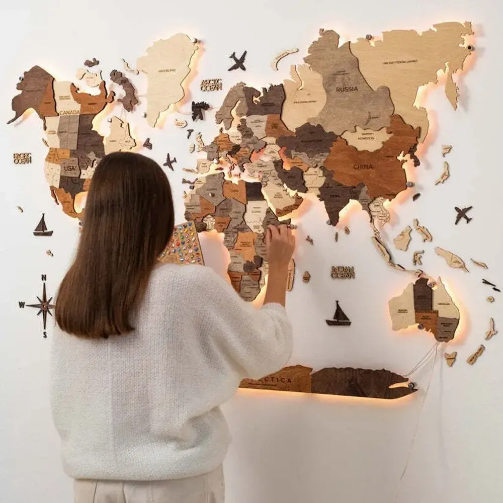 Autres décorations murales - Carte du Monde en Bois 3D LED 3.0 Prime Multicolore XL UE Droite - ENJOY THE WOOD