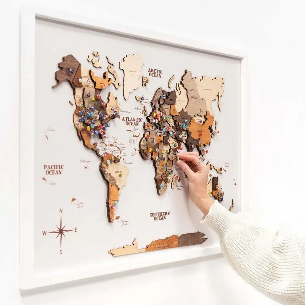 Autres décorations murales - Panneau mural carte du monde 3D en bois multicolore L Blanc laiteux - ENJOY THE WOOD
