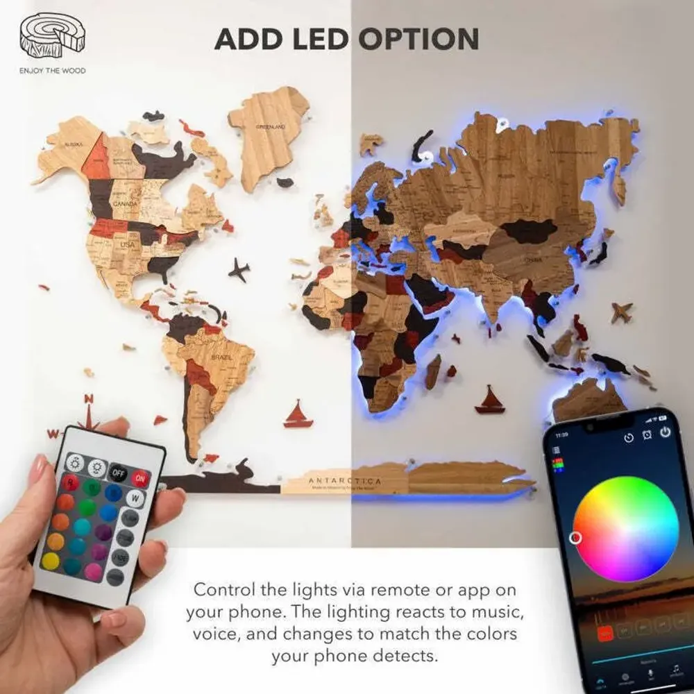 Autres décorations murales - Carte du Monde 3D en Bois Massif Multicolore XL – Acrylique + LED - ENJOY THE WOOD