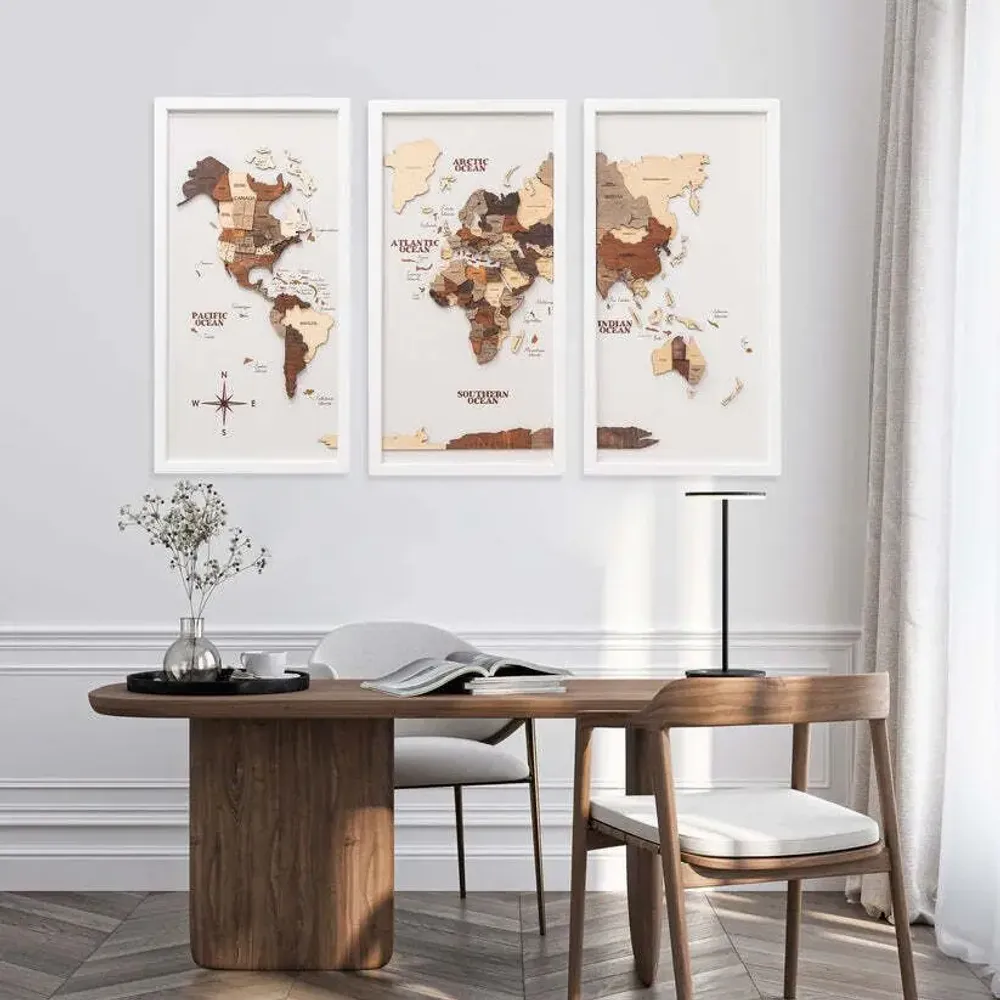 Autres décorations murales - Carte du monde 3D en bois triptyque multicolore L, cadre noir - ENJOY THE WOOD