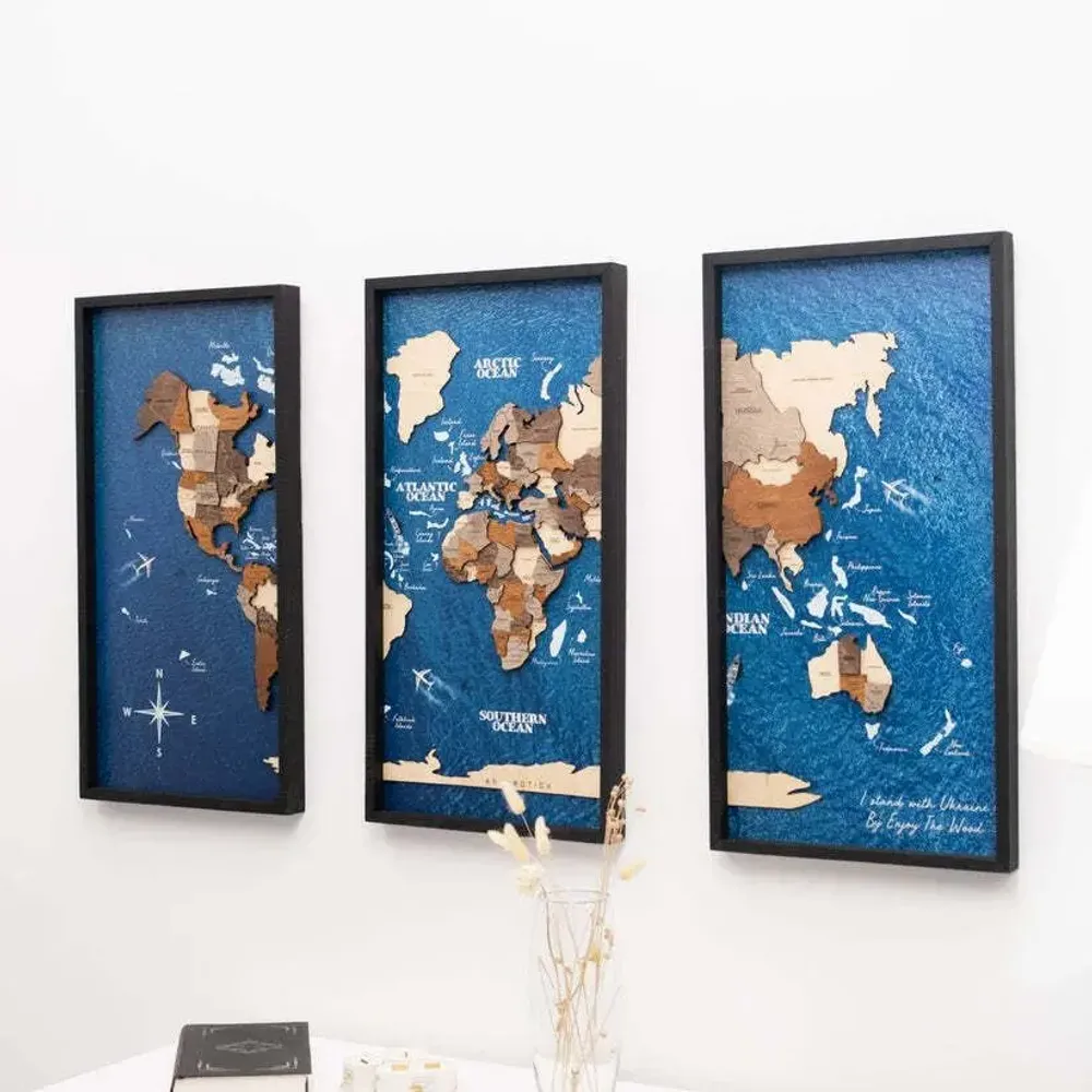 Autres décorations murales - Carte du monde 3D en bois triptyque multicolore L, cadre noir - ENJOY THE WOOD