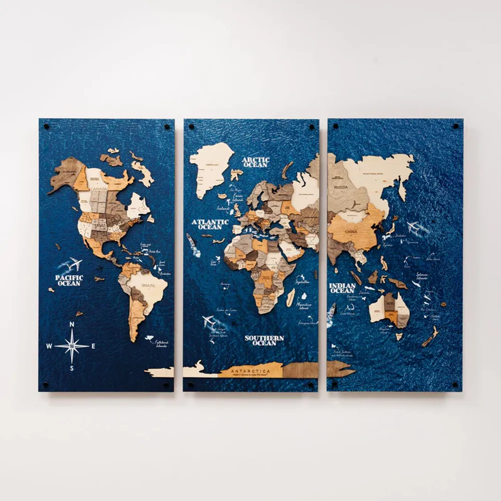 Objets de décoration - Carte du monde en bois 3D triptyque sans cadre – Terra M Océan - ENJOY THE WOOD