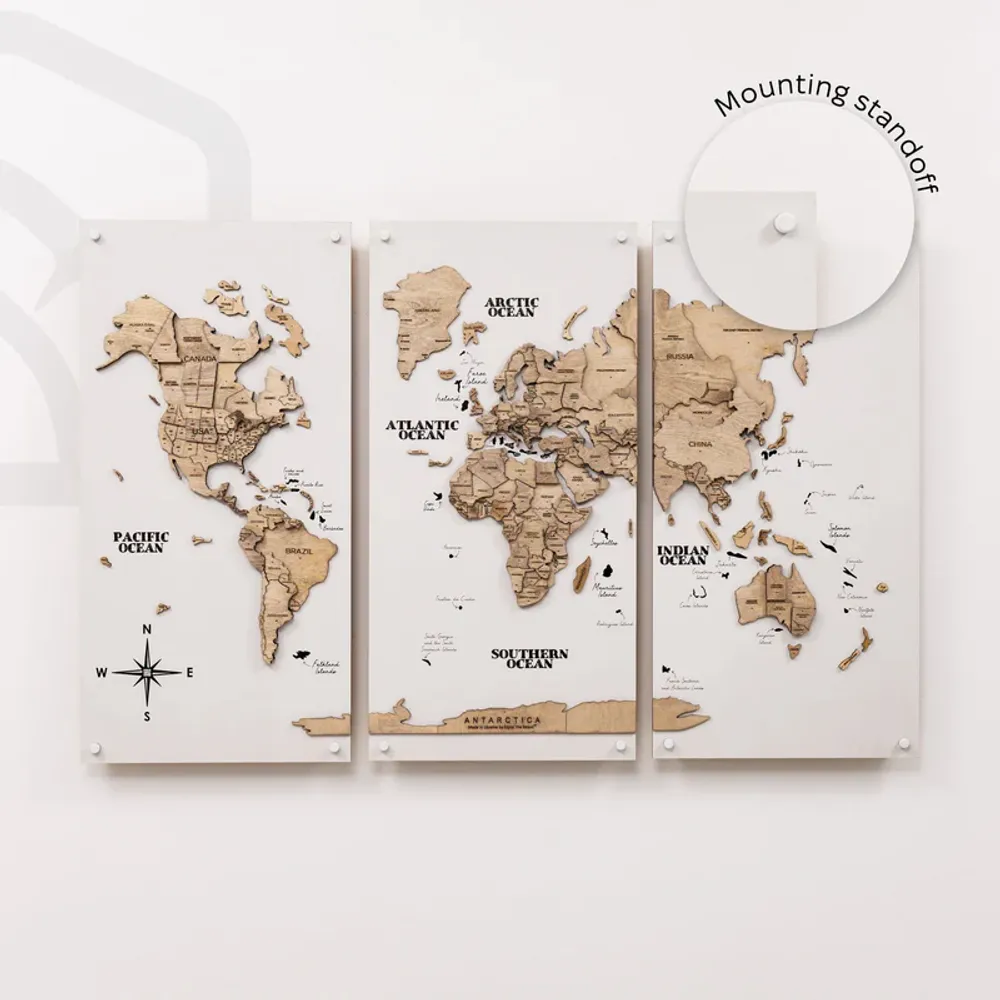 Objets de décoration - Carte du monde en bois 3D triptyque sans cadre – Terra M Blanc laiteux - ENJOY THE WOOD
