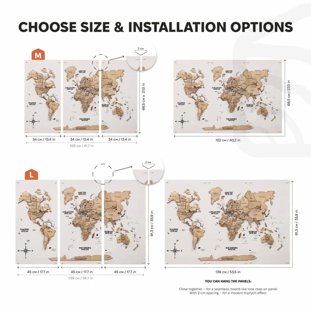Objets de décoration - Carte du monde en bois 3D triptyque sans cadre – Terra L Blanc laiteux - ENJOY THE WOOD