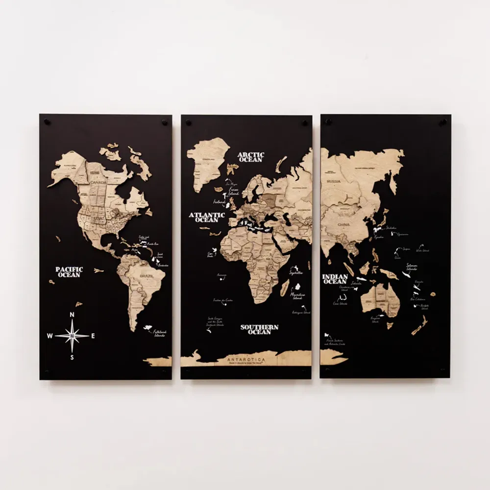 Objets de décoration - Carte du monde en bois 3D triptyque sans cadre – Terra M Noir - ENJOY THE WOOD