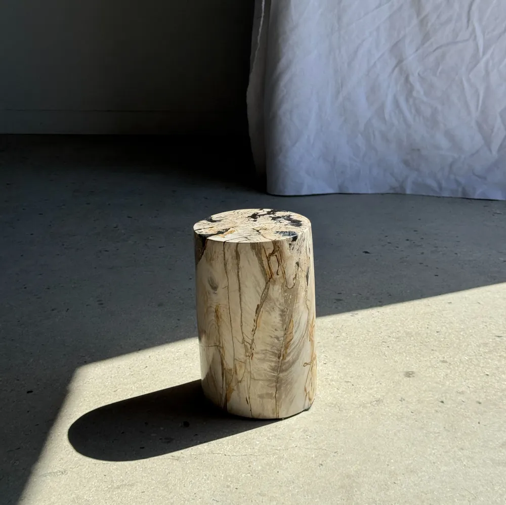 Autres tables  - Petite table d'appoint en bois pétrifié blanche incrustée de noir H28 - OFFICE OBJETS