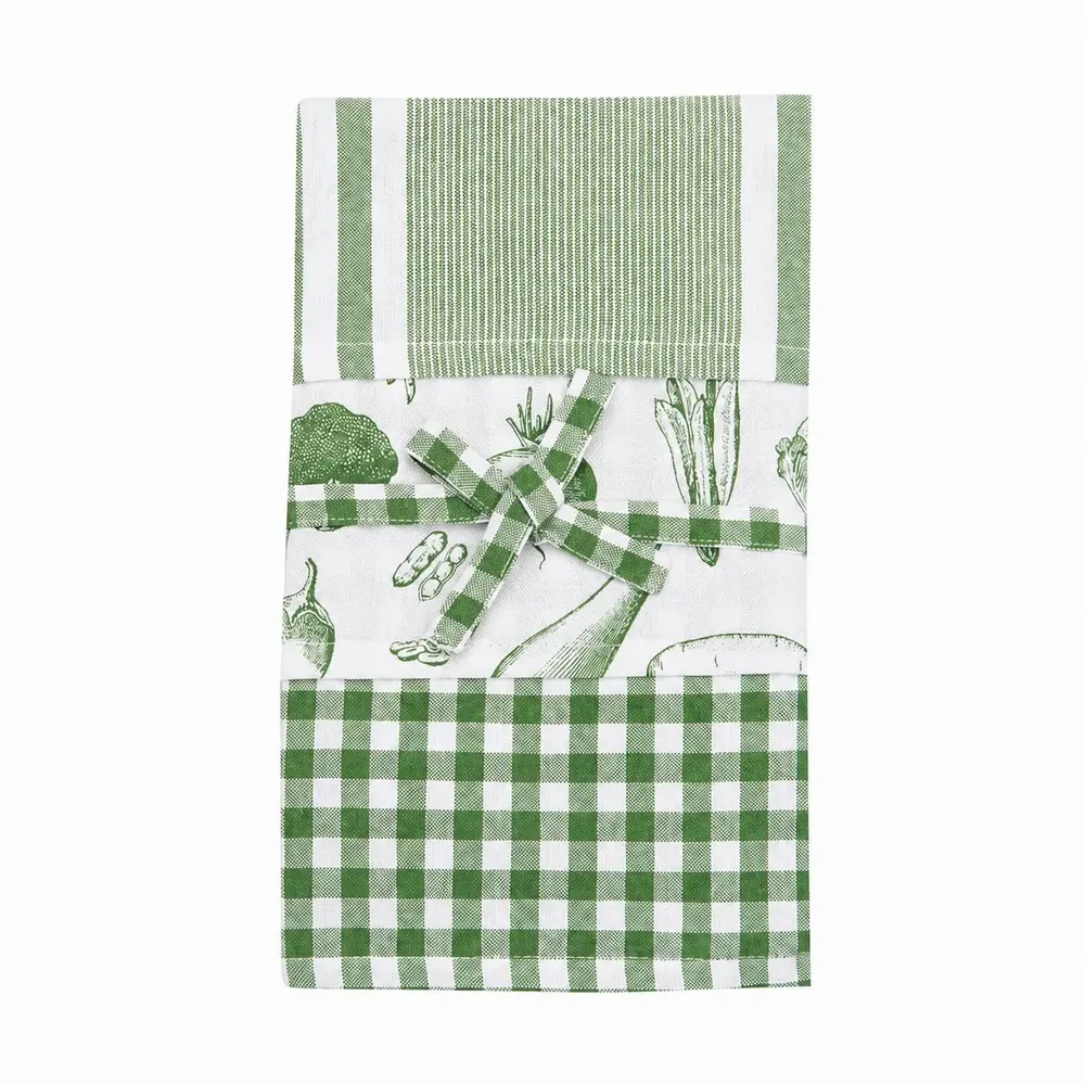 Torchons textile - TORCHON DE CUISINE RECYCLÉ LINNEA, 3-PACK, VERT/BLANC 50x70cm - BY WILLE