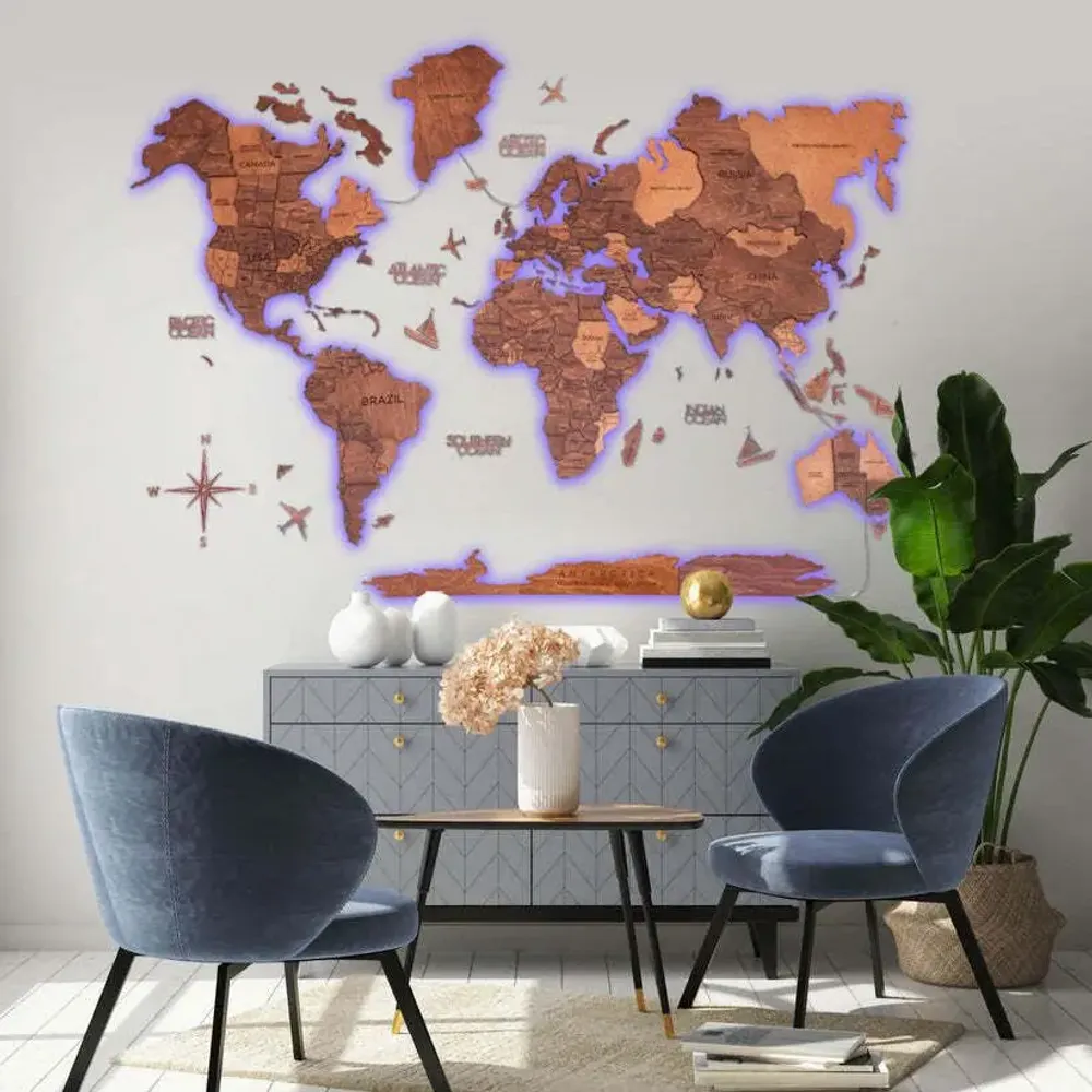 Autres décorations murales - Carte du Monde en Bois 3D LED 3.0 Prime Chêne M USA Droite - ENJOY THE WOOD