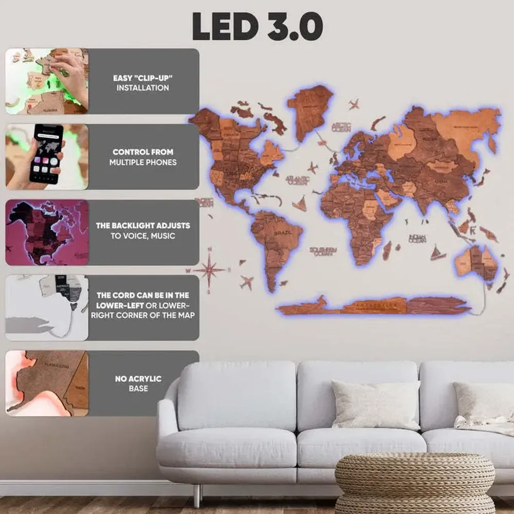 Autres décorations murales - Carte du Monde en Bois 3D LED 3.0 Prime Chêne 2XL USA Droite - ENJOY THE WOOD