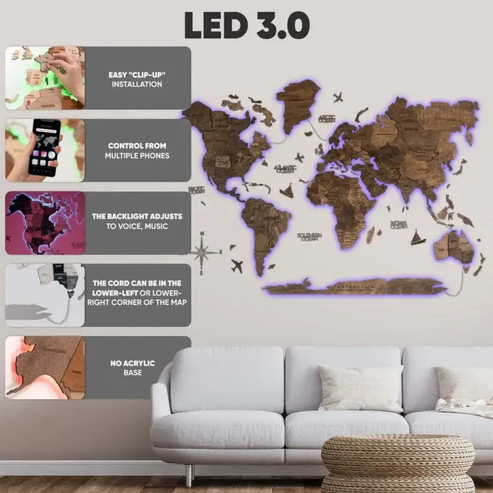 Autres décorations murales - Carte du Monde en Bois 3D LED 3.0 Prime Noyer Foncé XL USA Droite - ENJOY THE WOOD