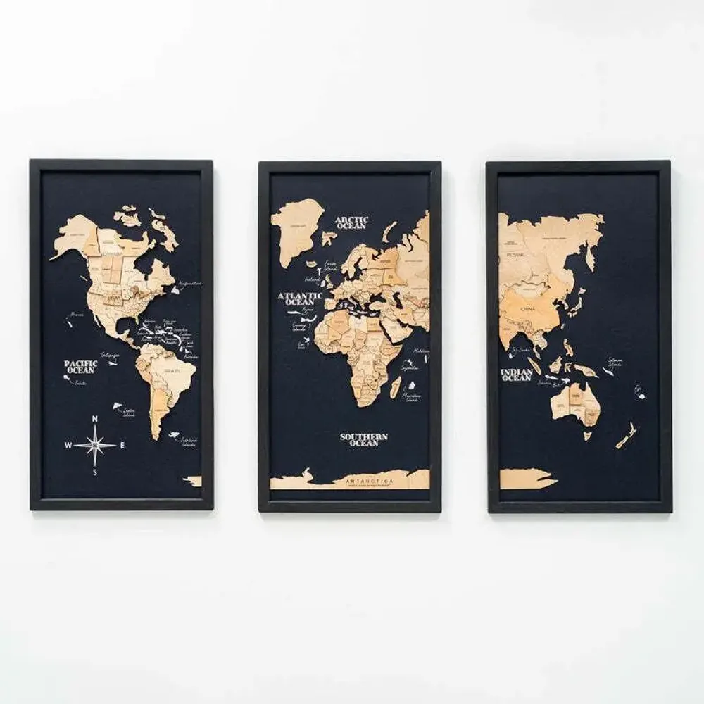 Autres décorations murales - Carte du monde 3D en bois triptyque doré L, cadre noir - ENJOY THE WOOD