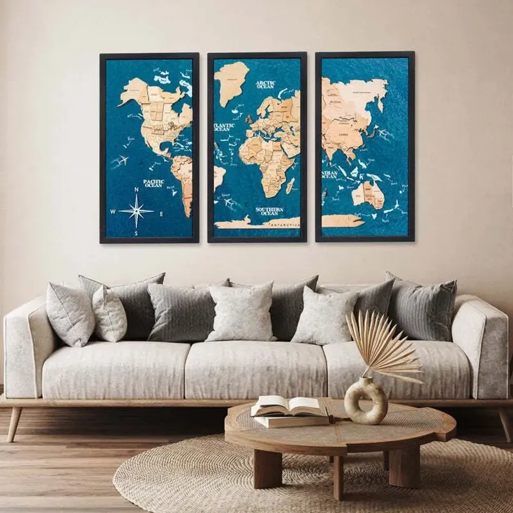 Autres décorations murales - Carte du monde 3D en bois triptyque doré L, cadre noir - ENJOY THE WOOD
