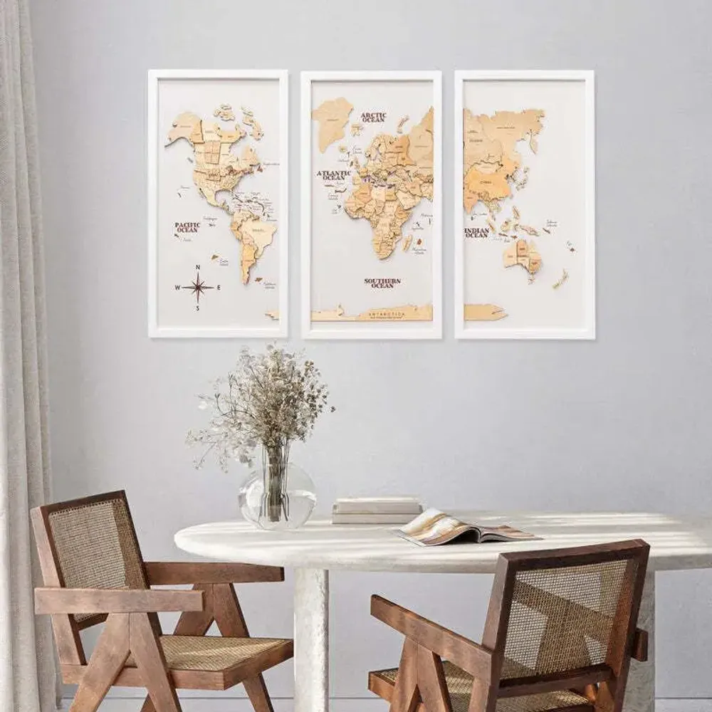 Autres décorations murales - Carte du monde 3D en bois triptyque doré L, style océan - ENJOY THE WOOD