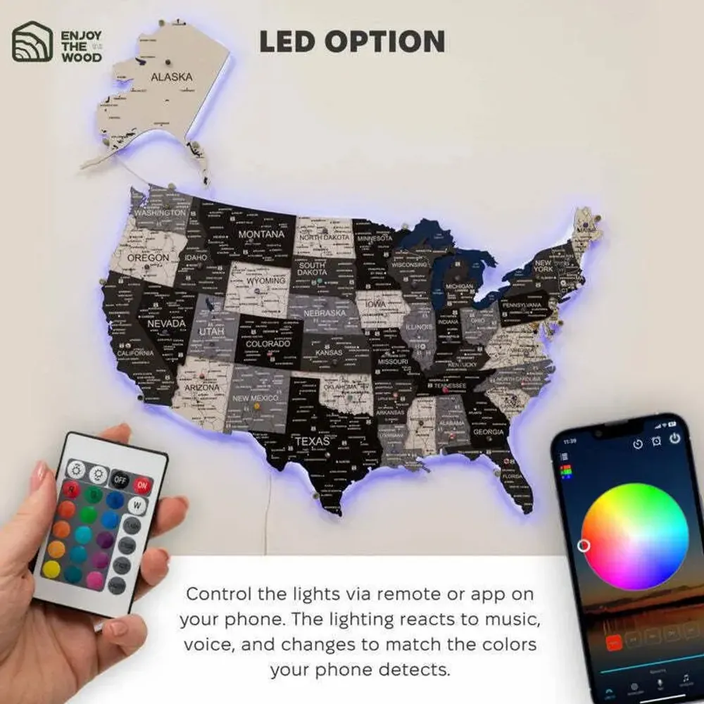 Other wall decoration - Wooden 3d LED 3.0 Map of USA - Nordik S Prime Plus EU - ENJOY THE WOOD
