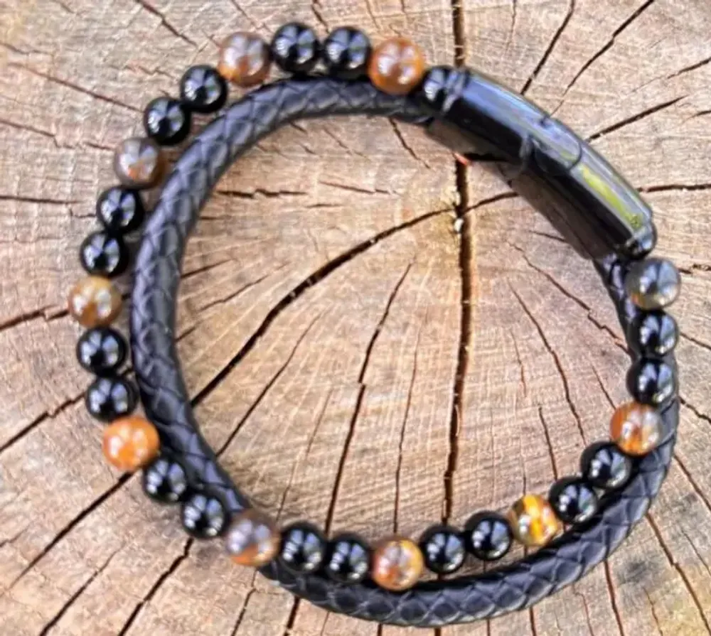 Bracelets - BRACELET CUIR NOIR AVEC OEIL DE TIGRE ET ONYX - JOLIE JULIE