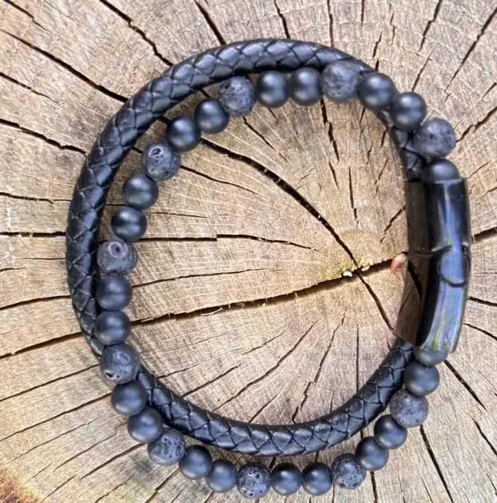 Bracelets - BRACELET CUIR NOIR AVEC PIERRE DE LAVE ET SHUNGITE - JOLIE JULIE