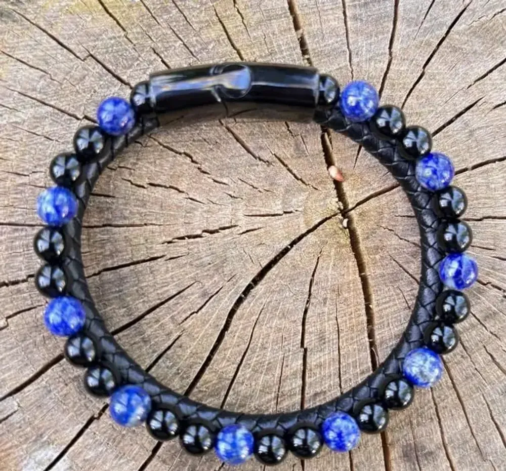 Bracelets - BRACELET CUIR NOIR AVEC PIERRE LAPIS LAZULI ET ONYX - JOLIE JULIE