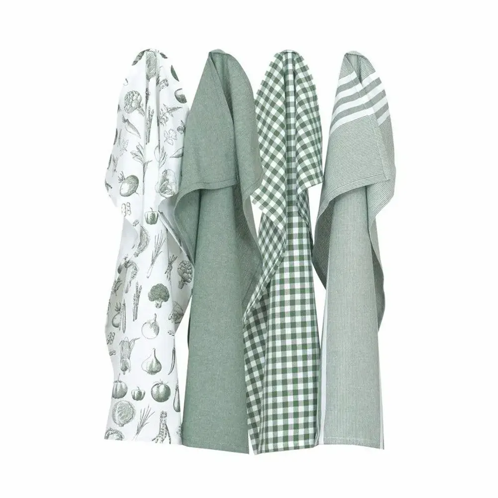 Tea towel - Torchon de cuisine recyclé LINNEA, 4 MOTIFS , Blanc/Vert 50x70cm - BY WILLE