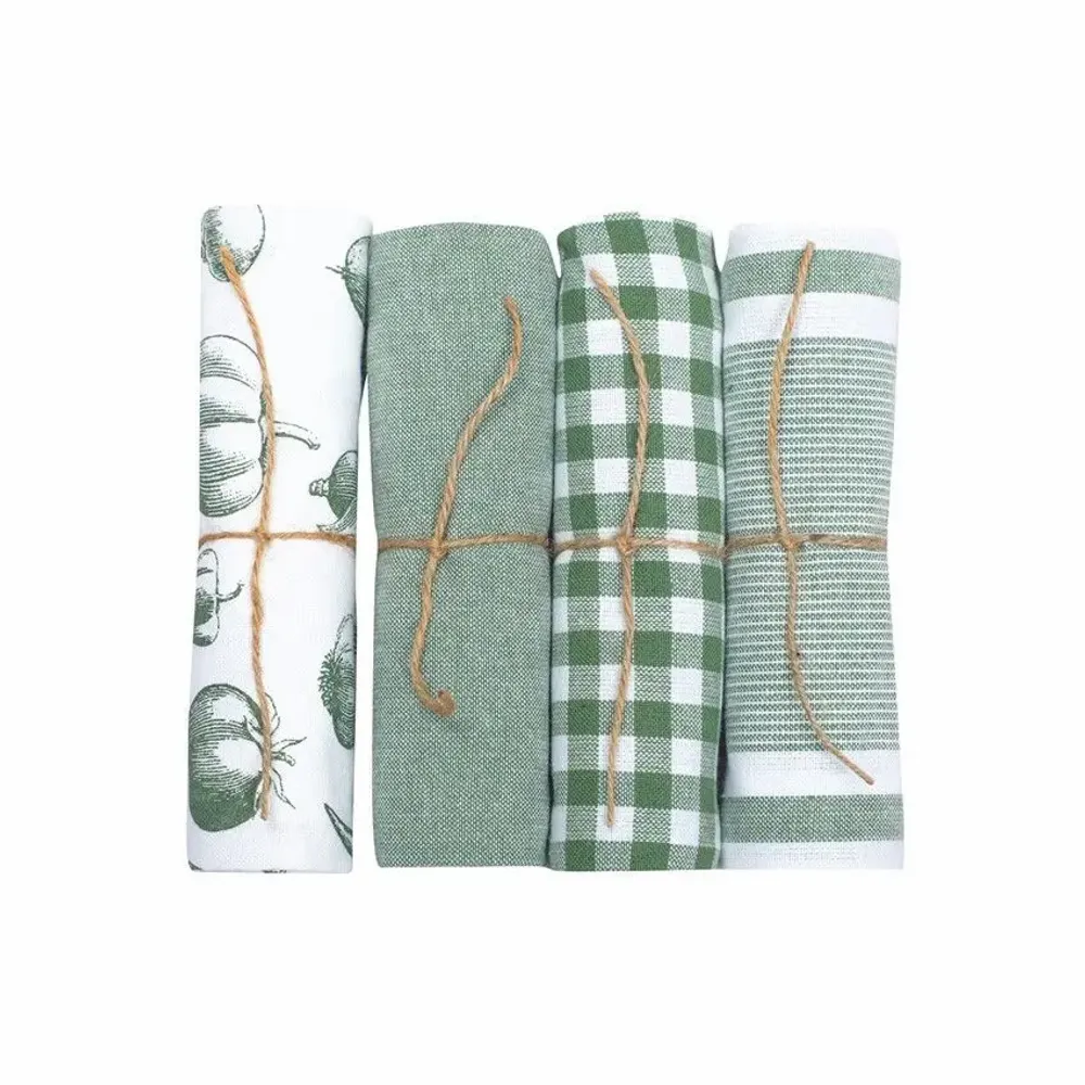 Tea towel - Torchon de cuisine recyclé LINNEA, 4 MOTIFS , Blanc/Vert 50x70cm - BY WILLE