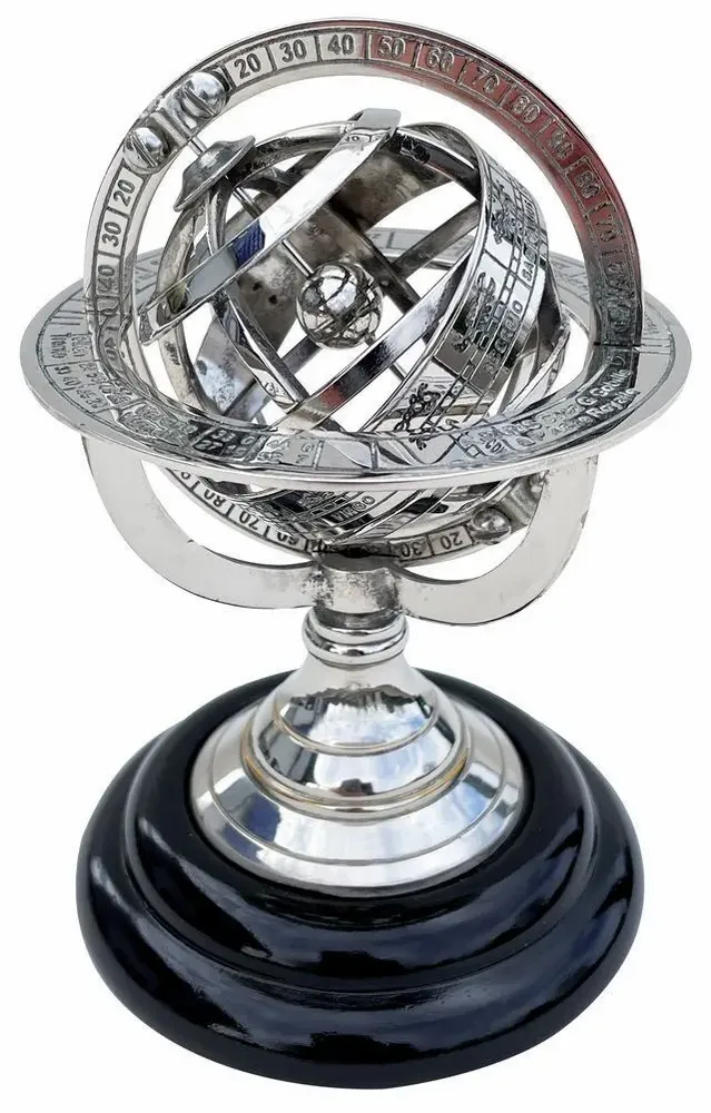 Objets de décoration - Sphere armillaire nikelee, base bois, H.12 cm - TRADE WINDS
