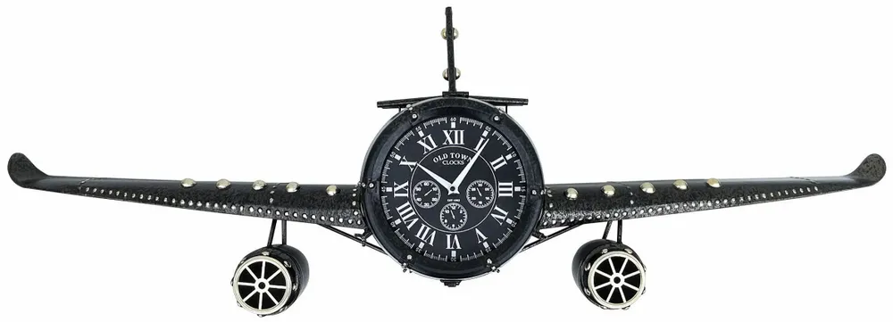 Horloges - Horloge murale avion biréacteur, métal noir, 3 aiguilles, 143 x 20 x H. 46 cm - TRADE WINDS
