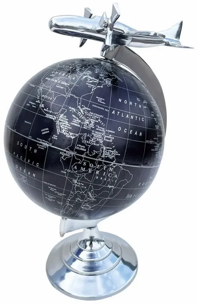 Objets de décoration - Globe terrestre diam 20 cm, pied avec avion aluminium H : 35 cm - TRADE WINDS
