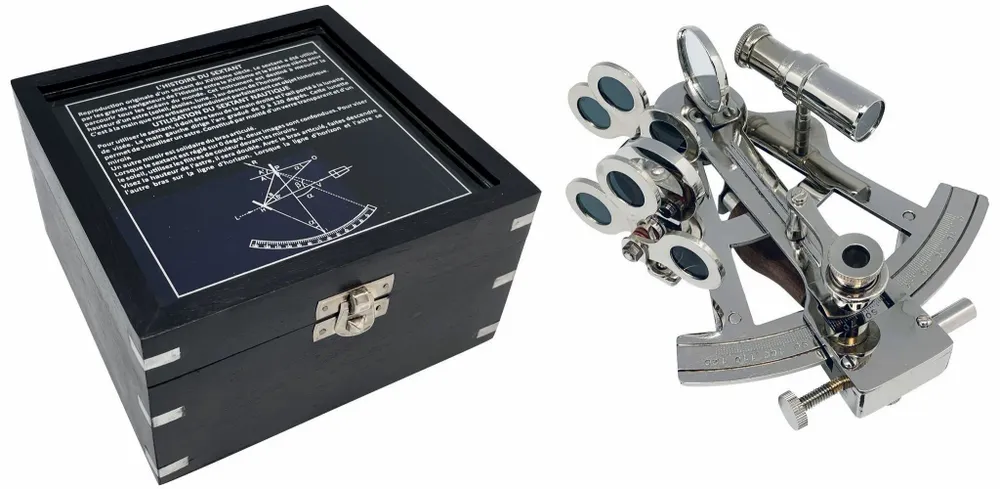 Objets de décoration - Sextant nickelé dans coffret bois noir, L.12 cm - TRADE WINDS