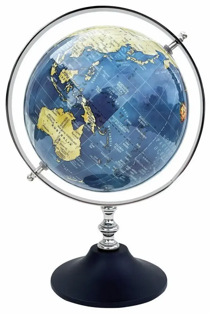 Objets de décoration - Globe terrestre diam 20 cm dans cercle nickelé, pied bois, H : 30 cm - TRADE WINDS