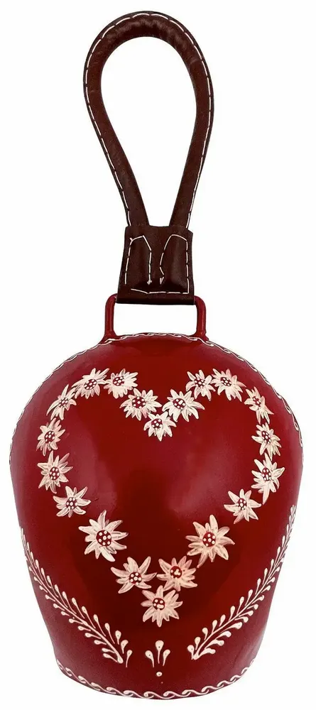 Objets de décoration - Cloche métal coeur Edelweiss rouge attache cuir 17 x 17 cm - TRADE WINDS