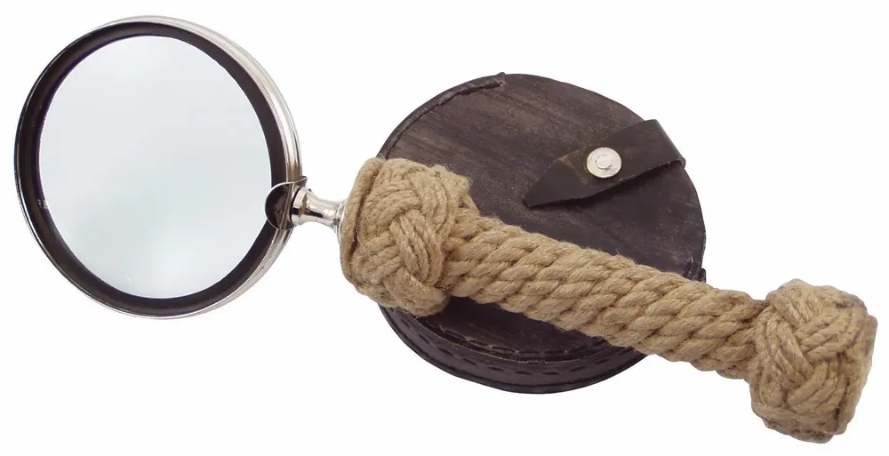 Autres fournitures bureau  - Loupe, laiton nickelé, manche cordage, diam.10 cm, L. 30 cm (livrée av étui cuir ) - TRADE WINDS