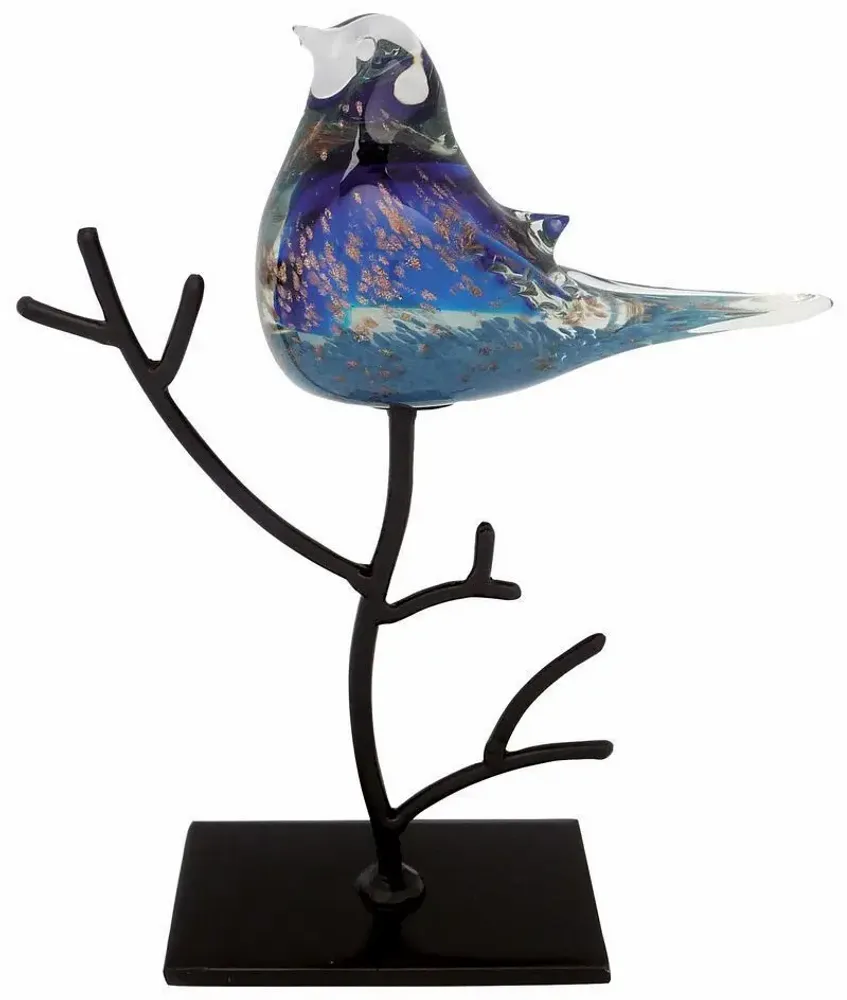 Objets de décoration - Oiseau bleu en verre pailleté dore sur branche métal, H : 26 cm - TRADE WINDS