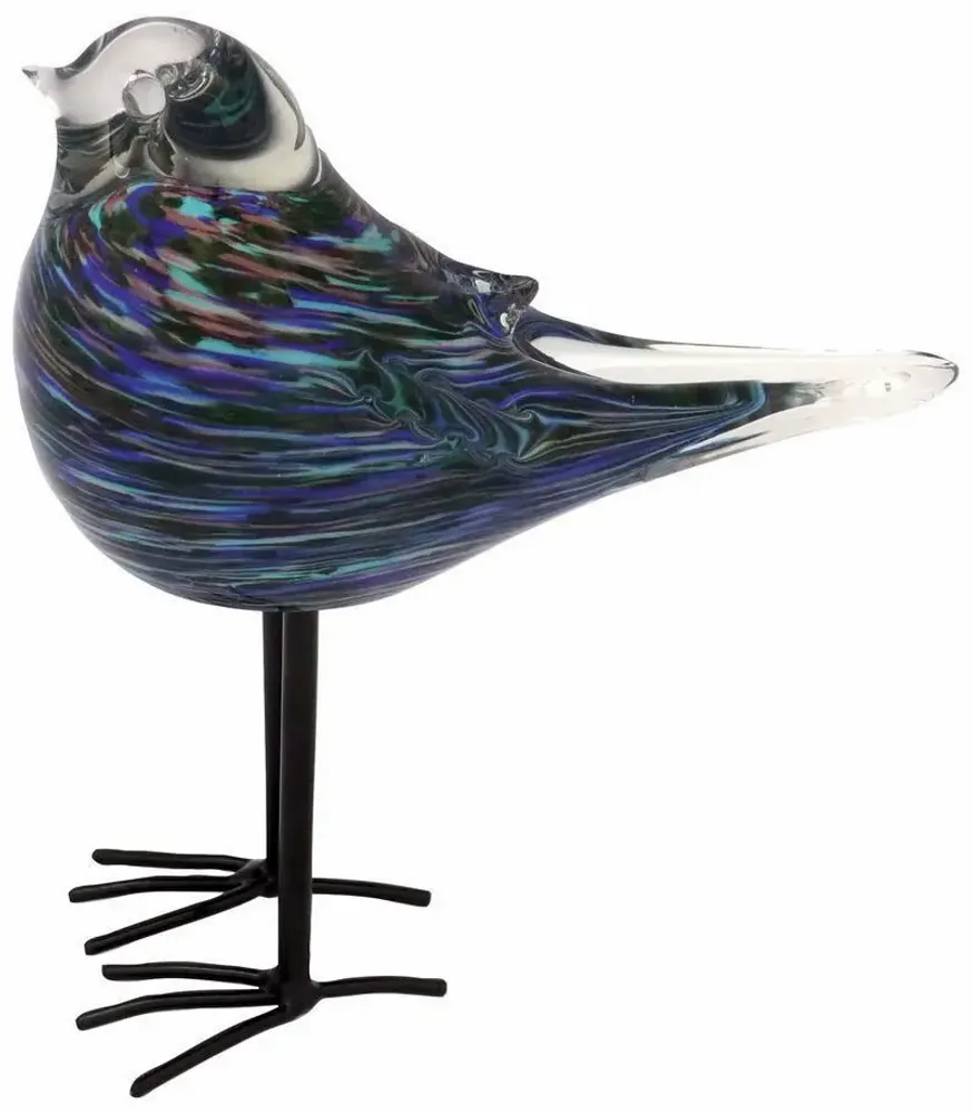 Objets de décoration - Oiseau bleu strié en verre pailleté vert sur pieds, H : 17,5 cm - TRADE WINDS