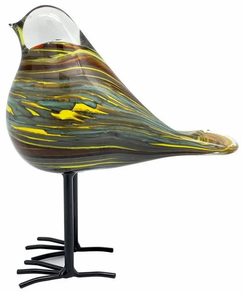 Objets de décoration - Oiseau jaune ambre et bleu en verre sur pieds, H : 13 cm - TRADE WINDS