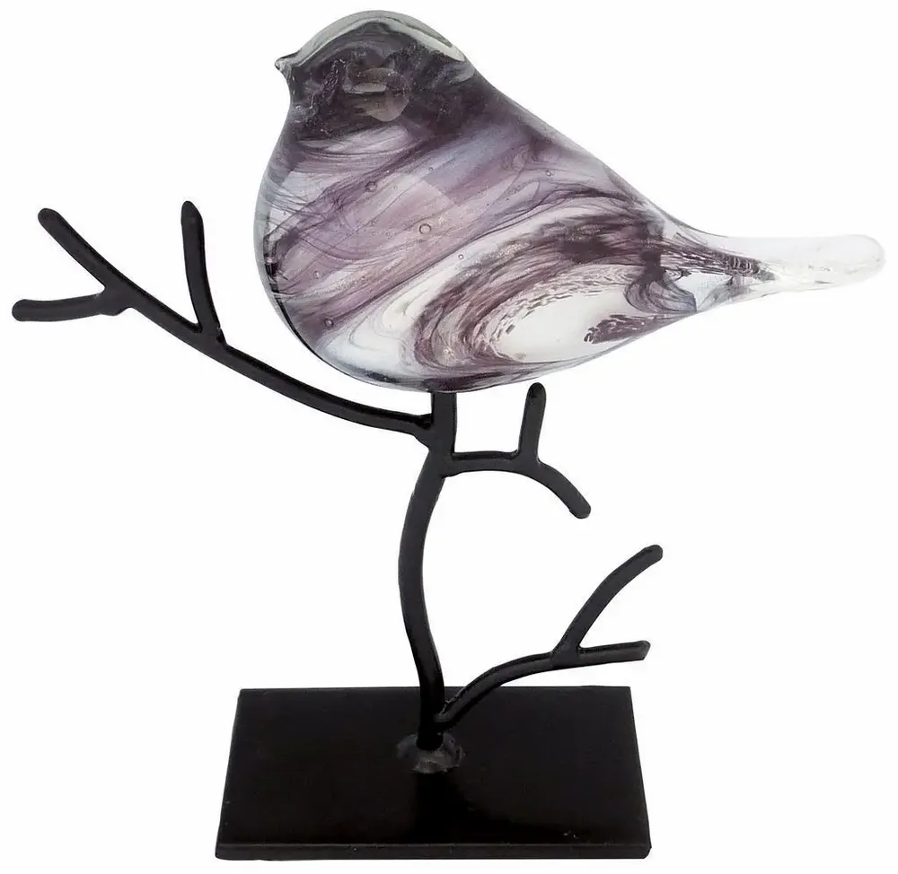 Objets de décoration - Oiseau violet en verre pailleté dore sur branche métal, H : 26 cm - TRADE WINDS