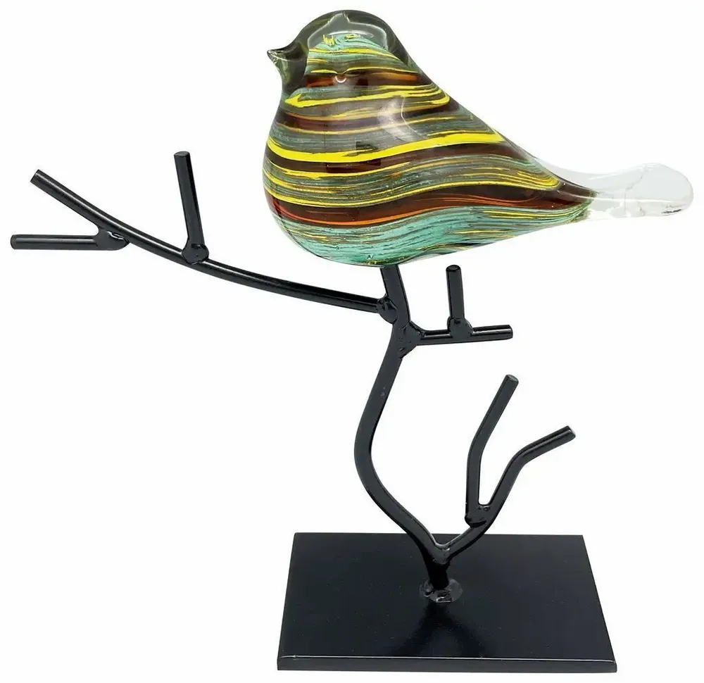 Objets de décoration - Oiseau jaune ambre et bleu en verre sur branche métal, H : 26 cm - TRADE WINDS