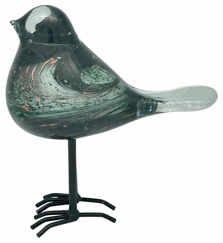 Objets de décoration - Oiseau vert et anthracite pailleté dore en verre sur pieds, H : 18 cm - TRADE WINDS