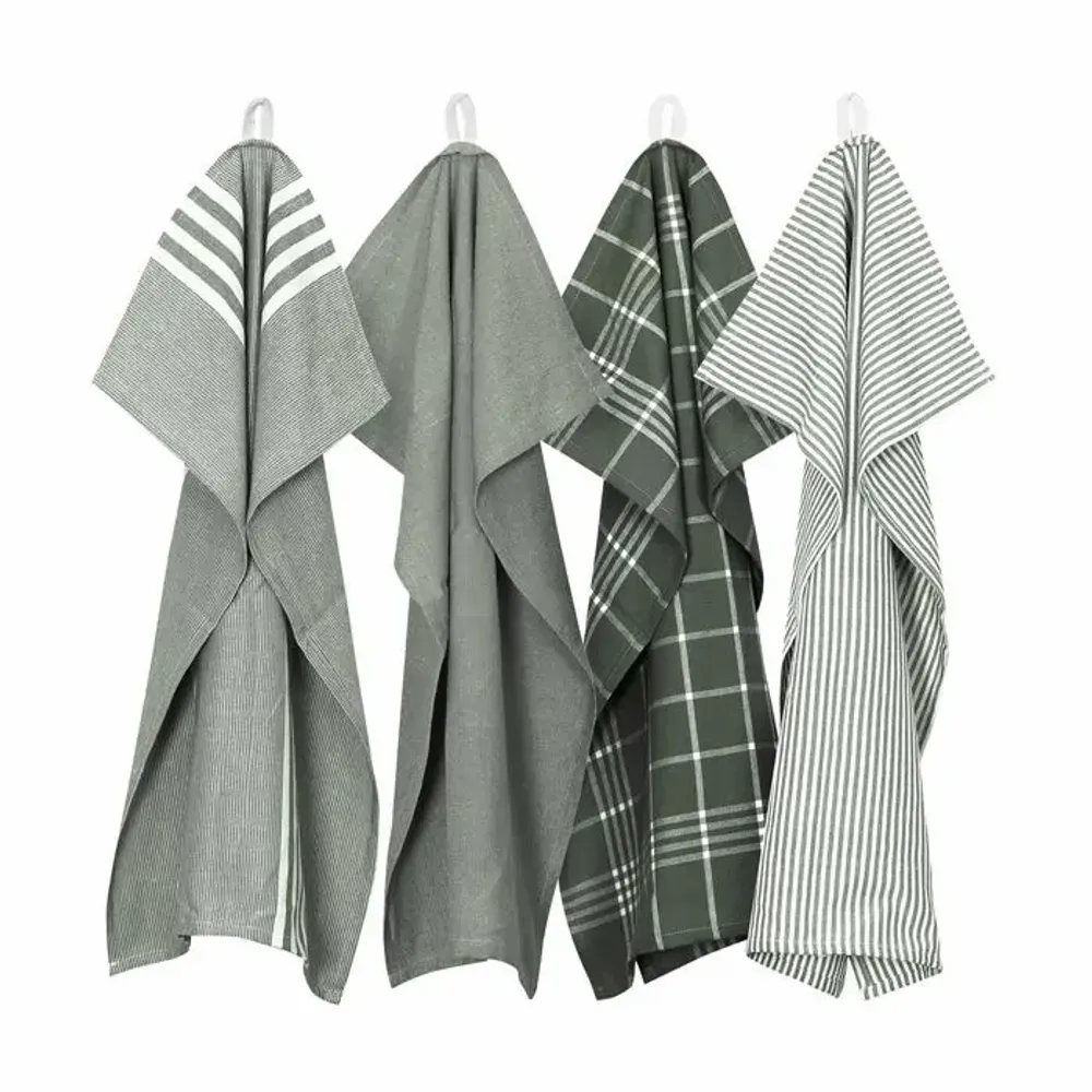 Tea towel - Torchon de cuisine recyclé Recycling , 4 motifs , Olive/Blanc 50x70cm - BY WILLE