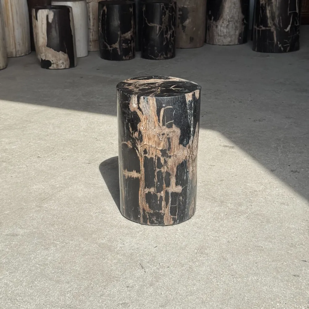 Autres tables  - Petite table d'appoint en bois pétrifié noire stries beiges H28 D18 - OFFICE OBJETS