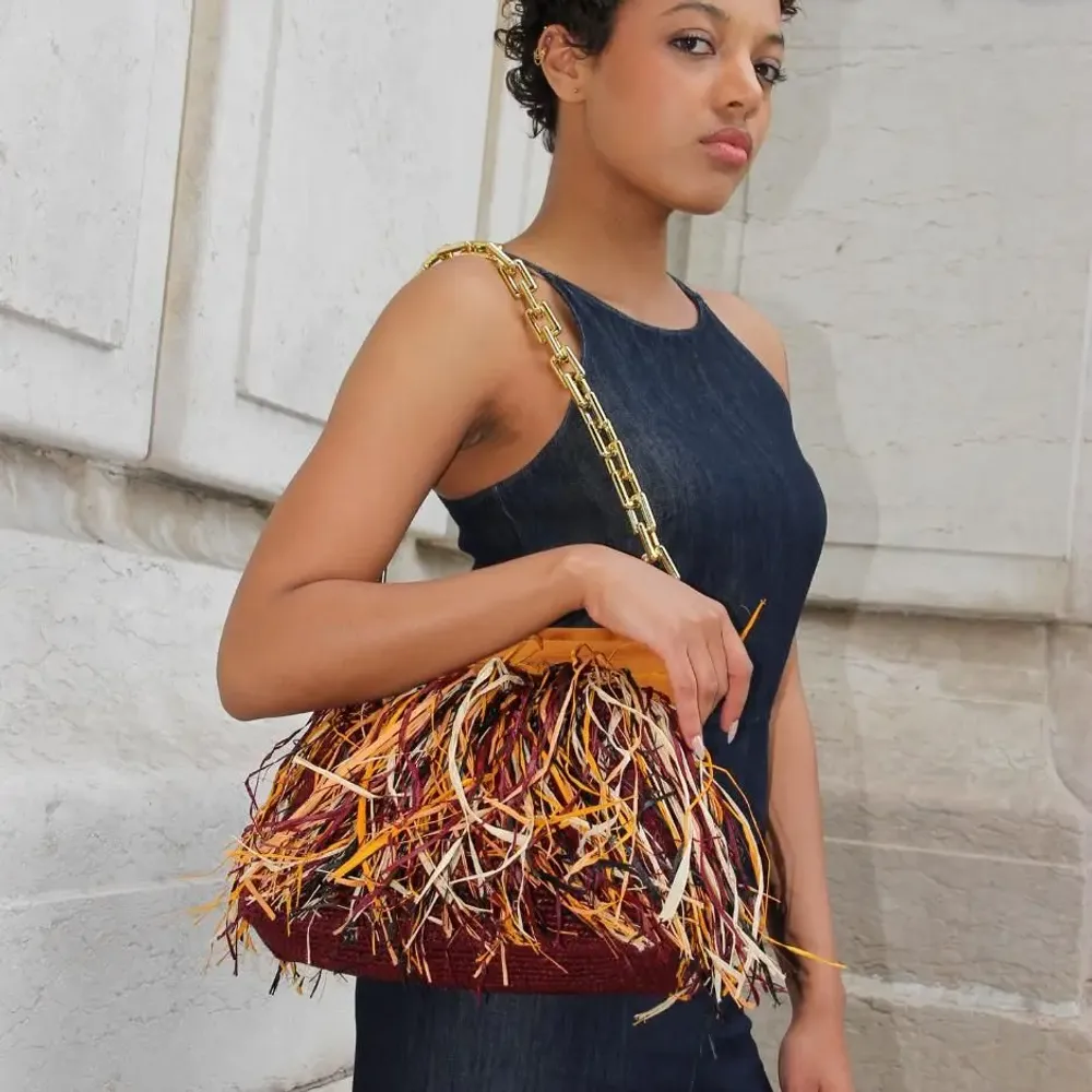 Bags and totes - Raffia bag with fringes KIKI ( Burgundy) - KLEO