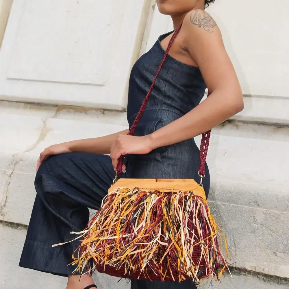 Bags and totes - Raffia bag with fringes KIKI ( Burgundy) - KLEO