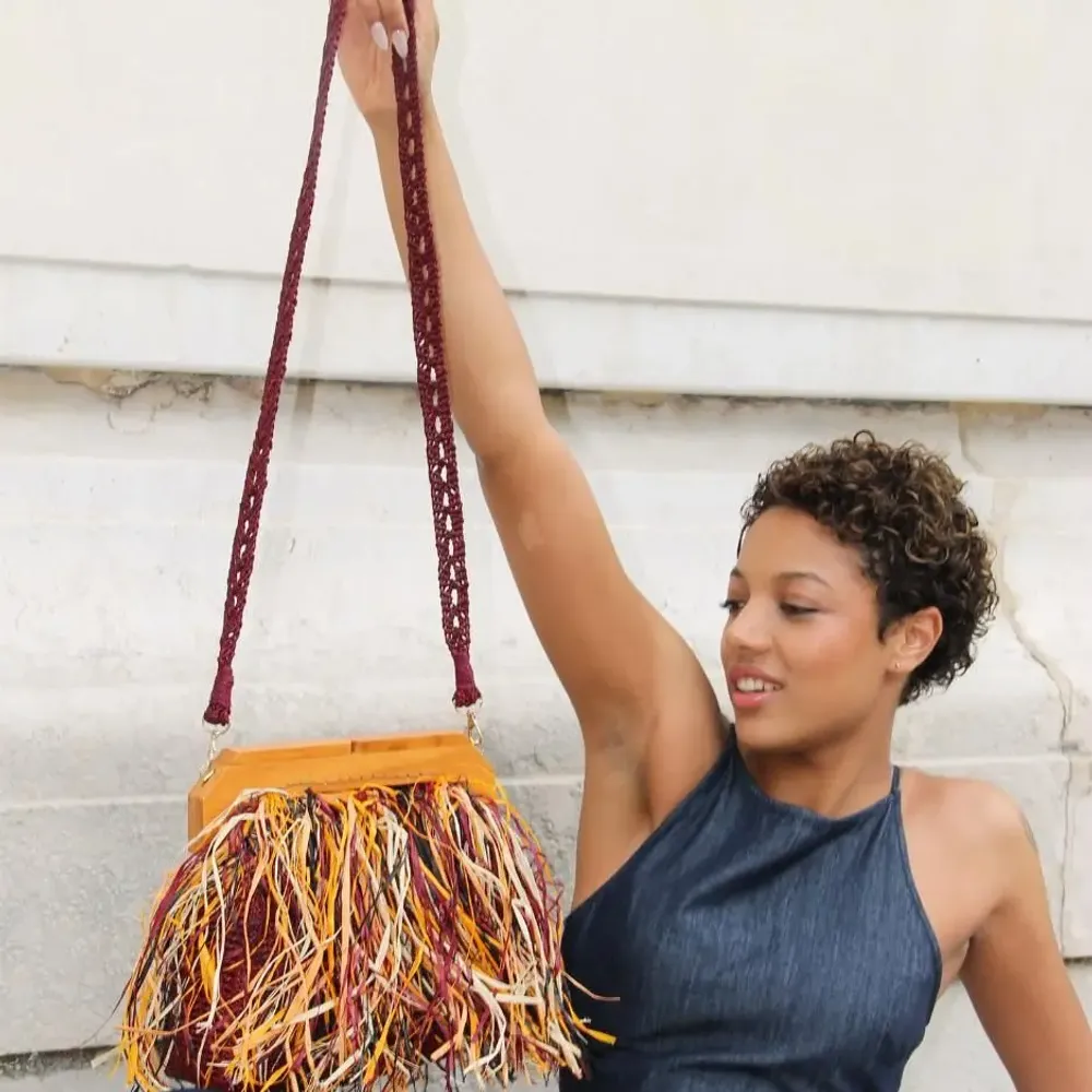 Bags and totes - Raffia bag with fringes KIKI ( Burgundy) - KLEO