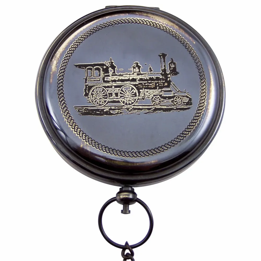 Objets de décoration - Boussole chemin de fer laiton vieilli, Ø 6.7 cm av chainette ds étui velours - TRADE WINDS