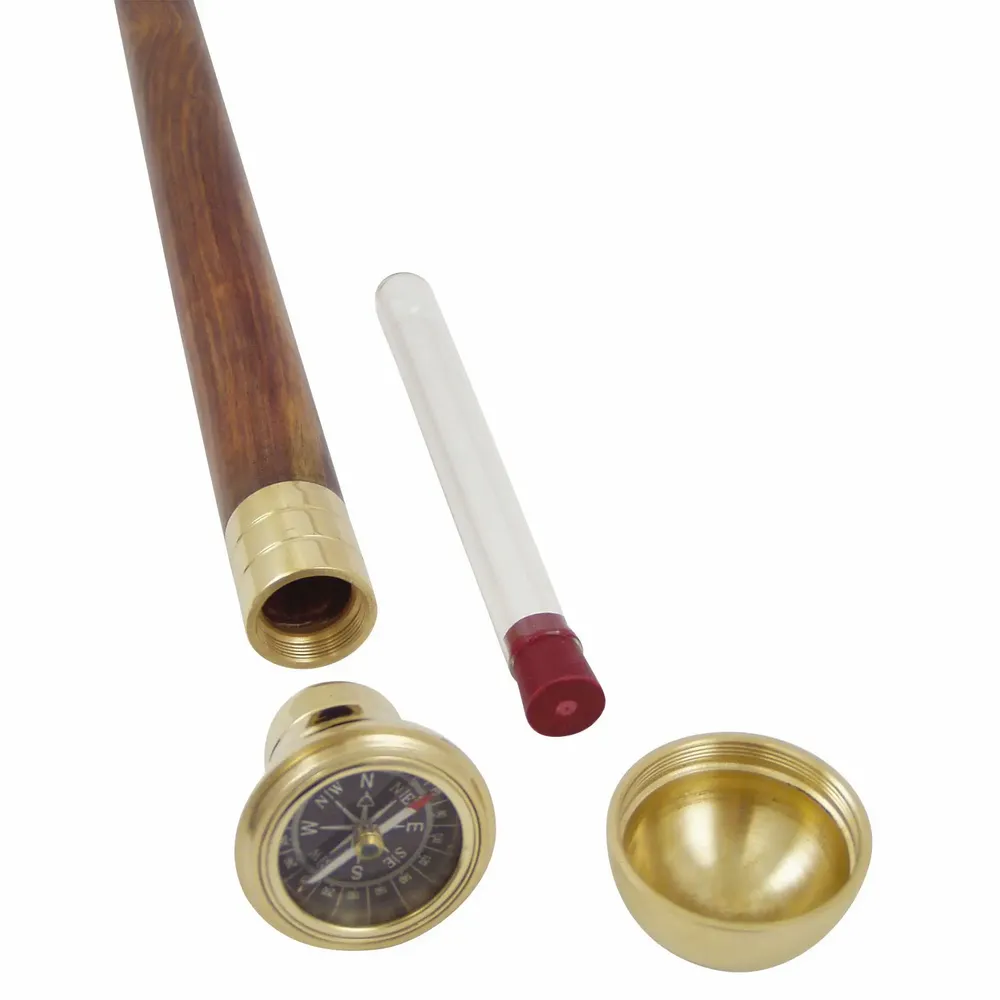Objets de décoration - Canne de marche en bois av pommeau en L, équipée d'1 boussole et fiole secrète - H. 91 cm - TRADE WINDS
