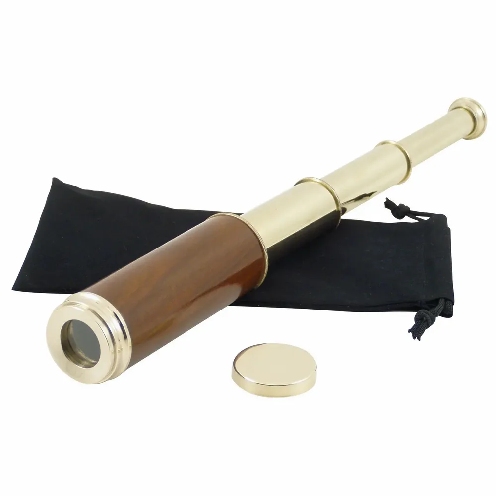 Objets de décoration - Longue vue laiton brillant et bois, grossissement X 3, L.16-40 cm - TRADE WINDS