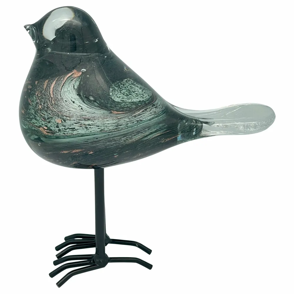 Objets de décoration - Oiseau vert et anthracite pailleté dore en verre sur pieds, H : 18 cm - TRADE WINDS