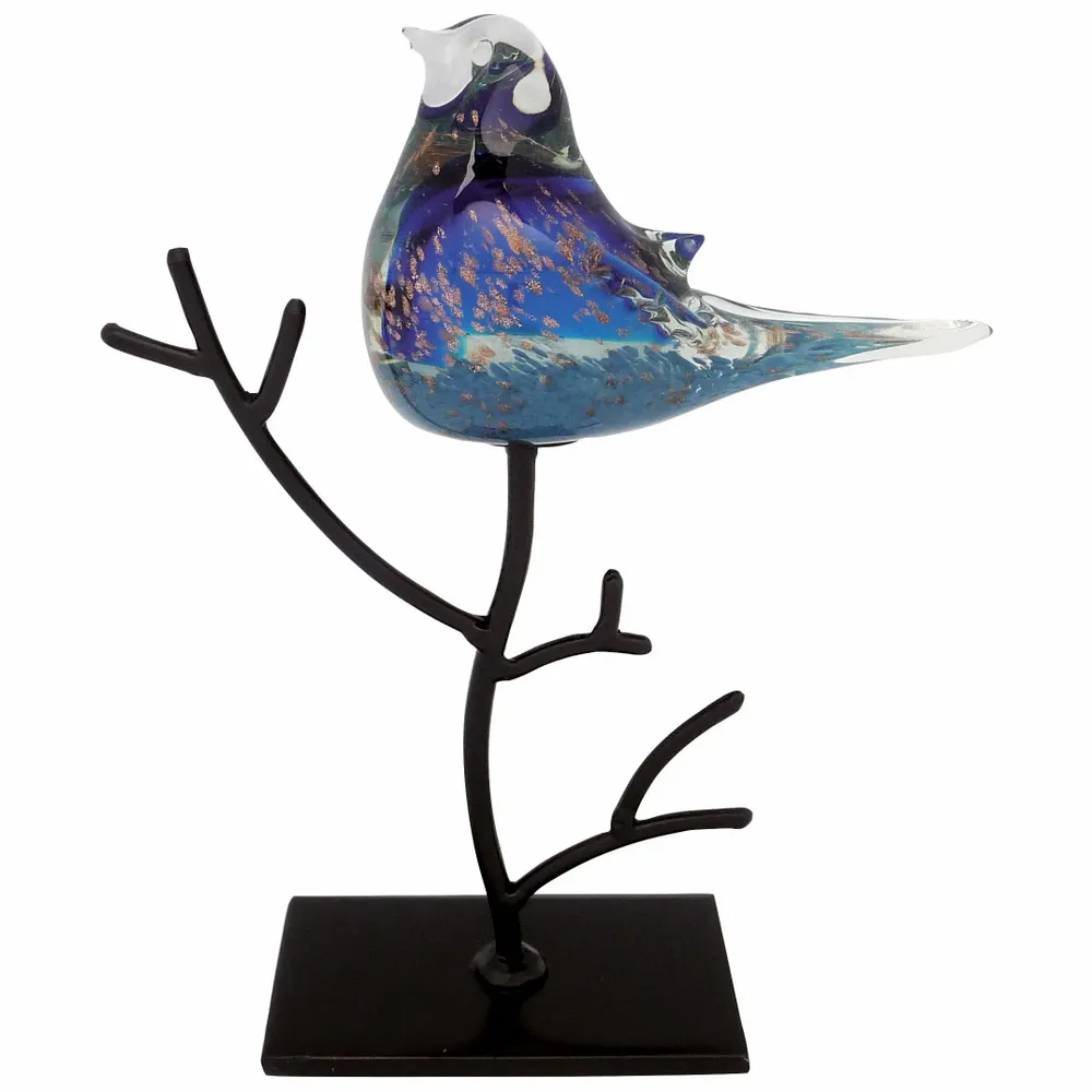 Objets de décoration - Oiseau bleu en verre pailleté dore sur branche métal, H : 26 cm - TRADE WINDS